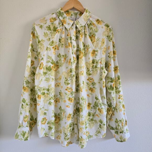 Laura Ashley Tops - Laura Ashley Linen Blend Yellow Floral Raglan Button Up Shirt Size L Cottagecore